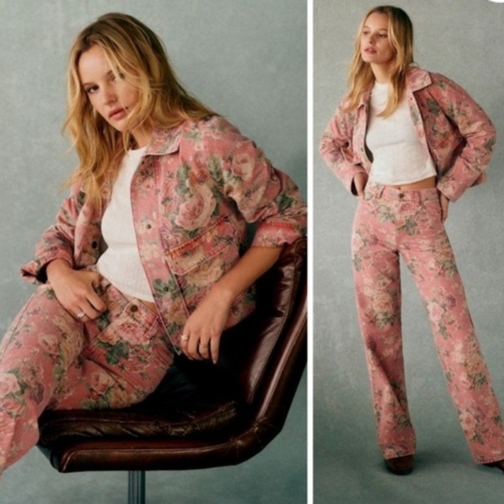 Sezane Pantalon America Jeans Womens 38 Floral Wide Leg Denim NWT